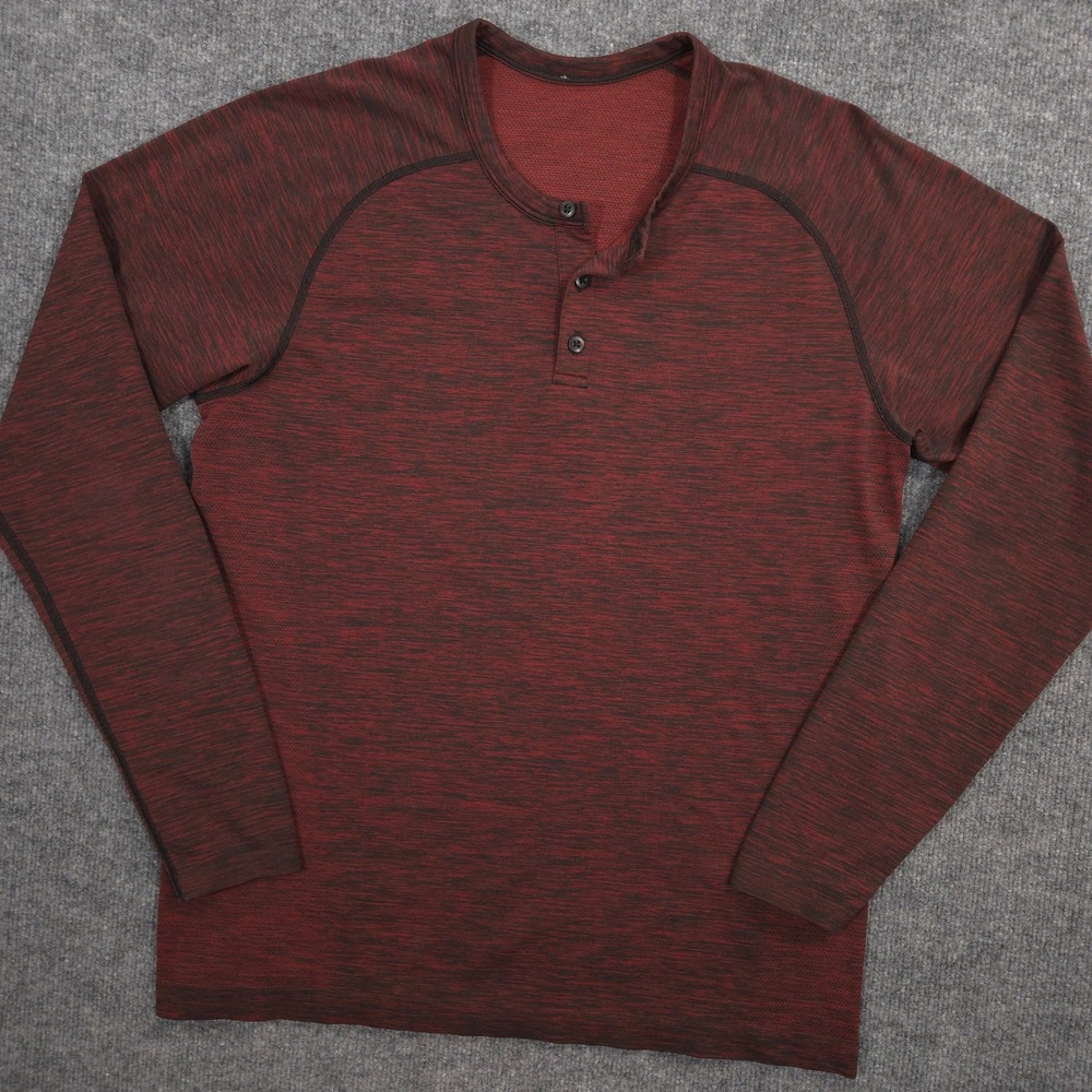 Lululemon Metal Vent Tech Henley Shirt‎ Mens L Red Black Performance Long Sleeve